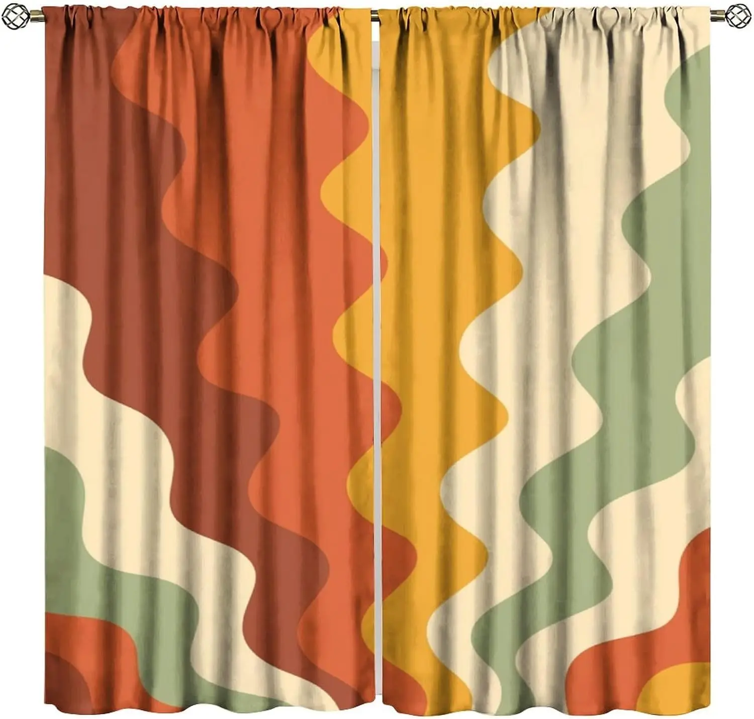 Dynamic Curved Color Block Theme Curtain 2 Panels Warm Earth Tone Bedroom Print Window Curtain Boho Vintage Home Decor