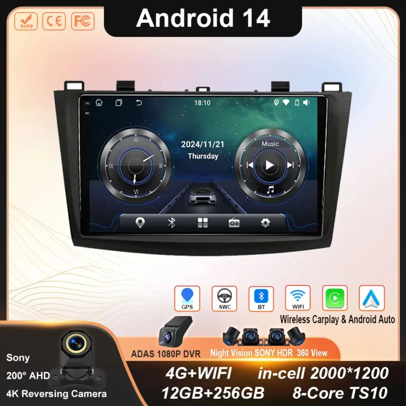 

Автомобильный радиоприемник для Mazda 3 2009 2010 2011 2012 2013 Android 14 Мультимедийный плеер 4G GPS-навигация Carplay DVD головное устройство No 2 Din BT