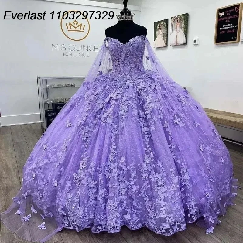 EVLAST Princess Lavender Quinceanera Dress Ball Gown 3D Butterfly Applique Beading With Cape Sweet 15 Vestido De 15 Anos TQD592