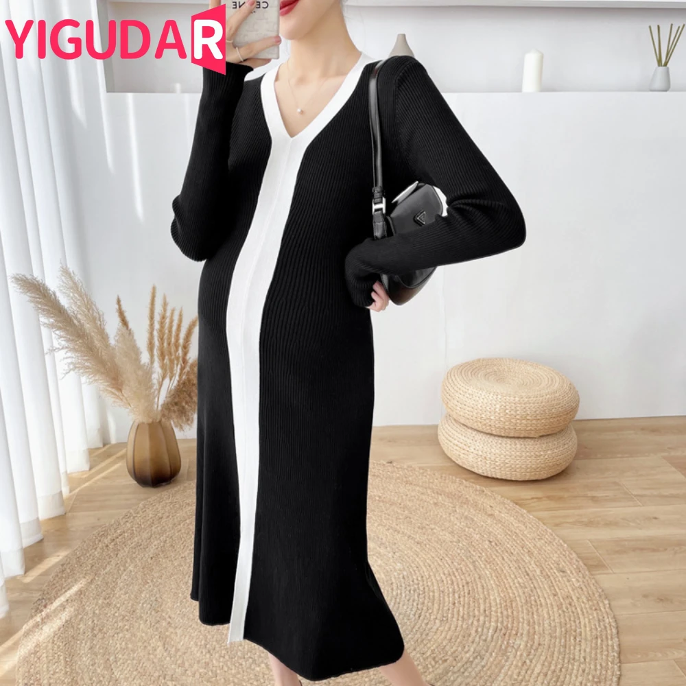 Autumn Winter Knitted Dresses Maternity Dress Long Sleeve V Neck Patchwork Sweater Dress Korean Fashion vestidos de fotografia