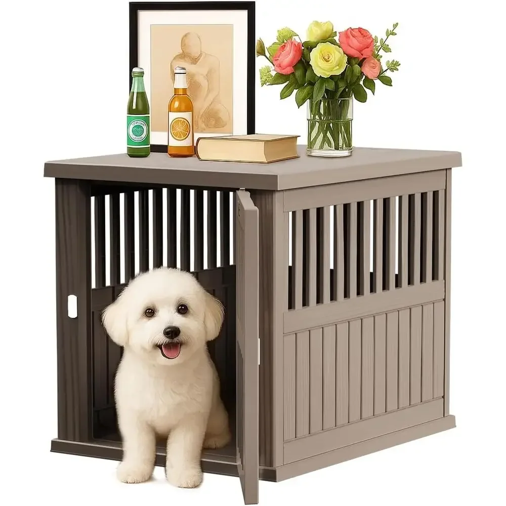 

30 Inch Lockable Plastic Dog Crate - Indoor Decorative Pet Cage for Small/Medium Dogs, Grey