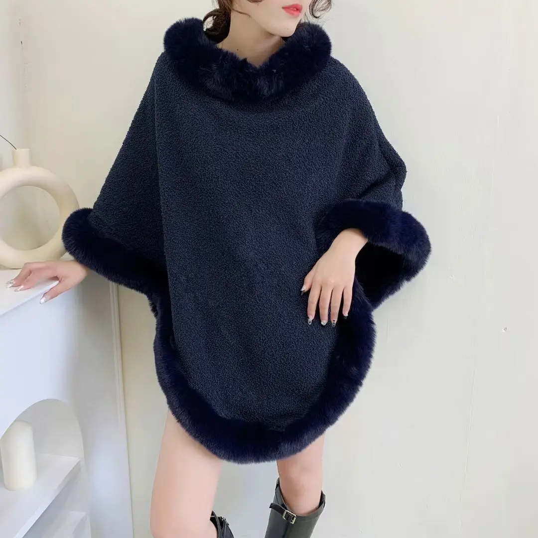 6 Colors Autumn Winter Women Faux Fur Collar Cloak Thick Outstreet Wear Granular Velvet Warm Poncho Pullover Lady Shawl Overcoat