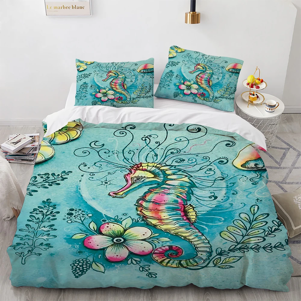 Ocean Animal Seahorse Sea Urchin Coral Bedding Set 3PC Duvet Cover Home Textile  Soft Quilt Cover 200X200 220X220 100x135cm