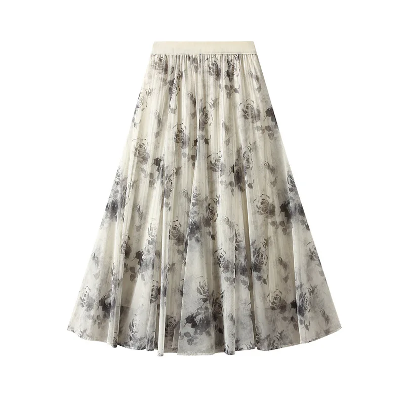 Women's Tie Dye Printed Mesh Temperament Half Skirt, High Waisted A-line Skirt,   Medium length dress, mini skirt