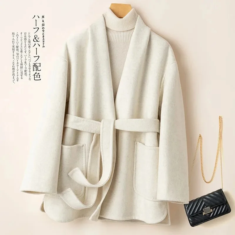 Autumn New Short Double-sided Cashmere Water Ripple Coat Women Turn-down Collar Loose Tempeament Warm Casual wool Jacket Female