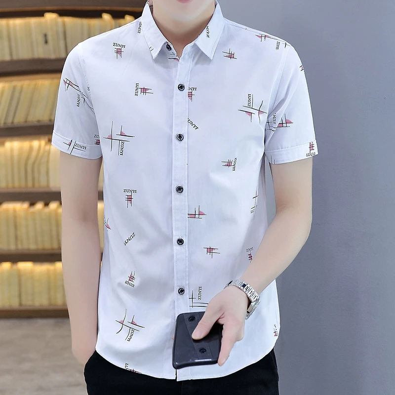 

Youth Men Clothing Fashion Casual Print Luxury Short Sleeve Shirt Summer High Quality Cotton Polyester Comfortable Chemise Homme