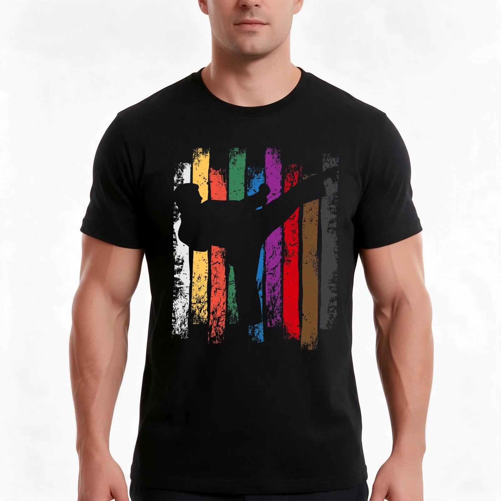 Karate Belt Colors Silhouette T-Shirt, Summer Casual Cotton Tee, Oversized Streetwear Tops, Vintage Graphic Print, 100% Cotton