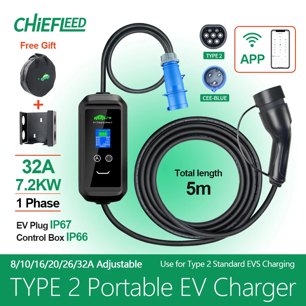 

Chiefleed APP 32A Single Phase 7.2kw EV Charger 3/4G WIFI 200V~250V EU Plug Home Charge Delay IP667 8/10/16/20/26/32A Adjust