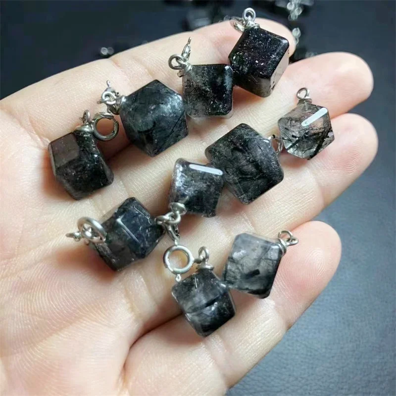 Natural Black Rutiled Quartz Cube Pendant Fashion Elegance Healing Jewelry Birthday Crystal Gift Women Mature Charm 18MM 1pcs