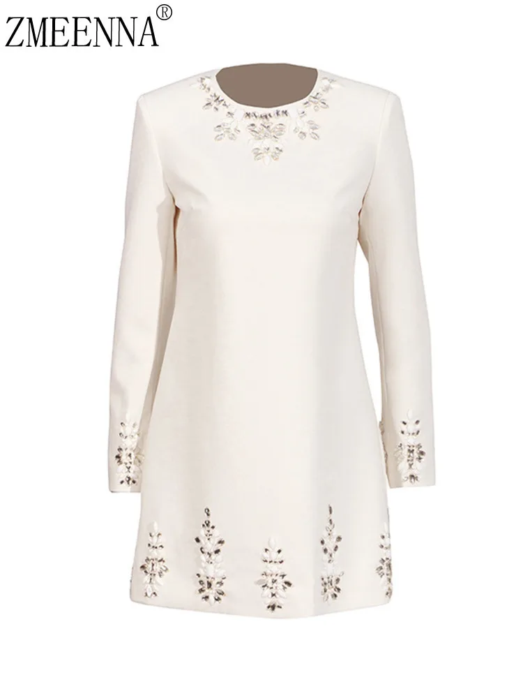 

ZMEENNA Womens Elegant White Mini Dress Round Neck Long Sleeve Formal Cocktail Party With Beaded Embellishments ZM3213