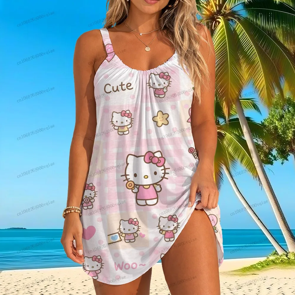 

Женское пляжное платье-сарафан Sanrio Hello Kitty, летний сарафан, новые модные платья 2026 года, элегантные платья миди