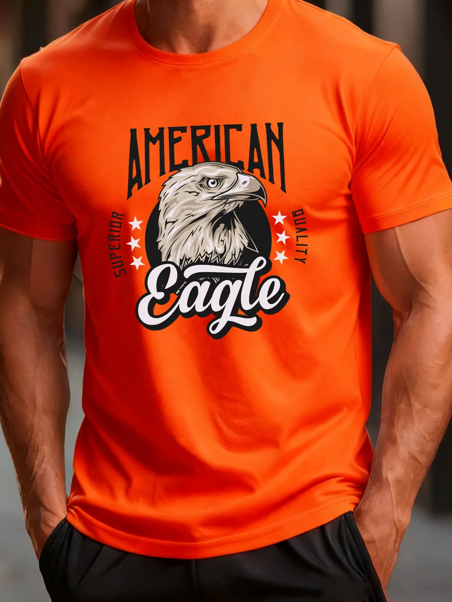 

Orange Short Sleeve American Eagle Graphic T-Shirt with "Leadership" and "Quality" Print