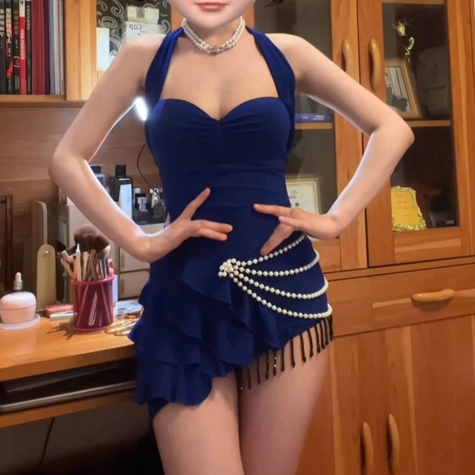 

2025 New Latin Dance Dress For Women Sexy Hanging Neck Pearl Dress Chacha Rumba Tango Adult Latin Dance Costumes Wear DN20502
