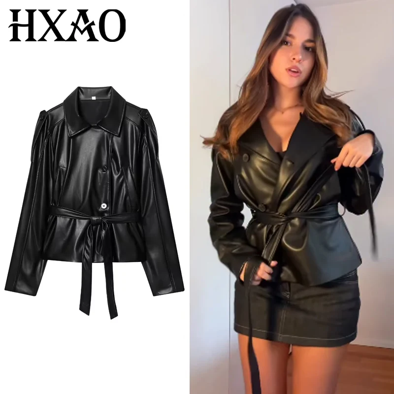 HXAO Women's Jackets Black Leather Jacket Woman Autumn Spring 2025 Chic Belt Crop Long Sleeve Coats Motorcycle Button Outerwears