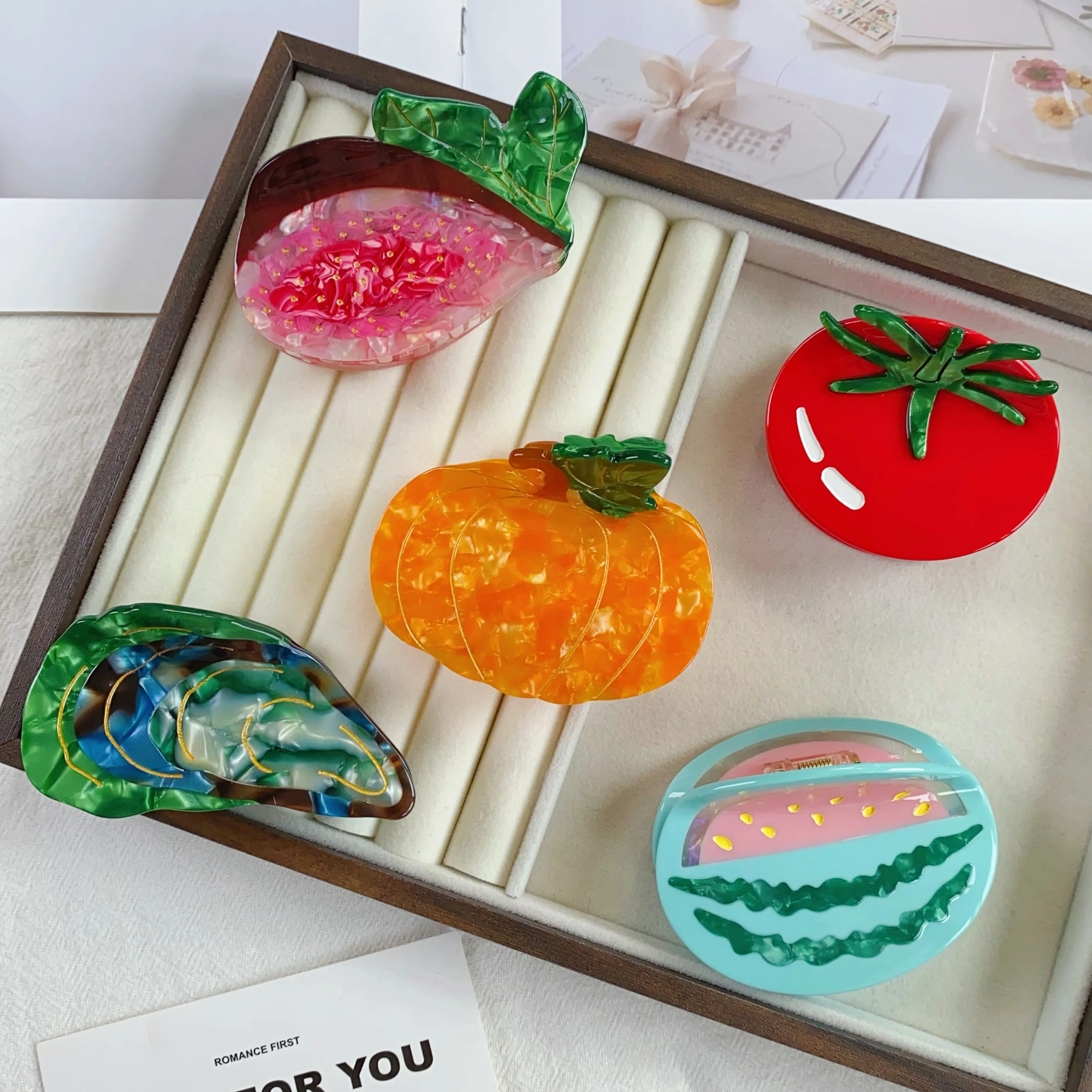 

Novelty Food Hair Clips, Eco-friendly Acetate Fruit & Vegetable Hair Accessories