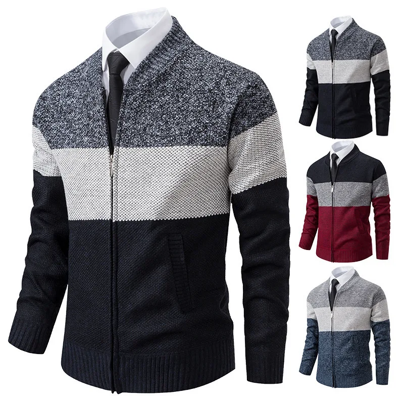 

Autumn Winter New Fashion Men's Color-coded Stand Collar Long Sleeve Casual Trendy Simple Knitted Sweater Cardigans Male Coat