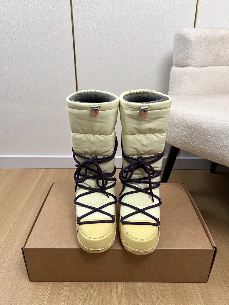 

Spenneooy Autumn Winter New Style Snow Boots Lace Up Plush Wool Material Woman Yellow Keep Warm Long Style Snow Boots