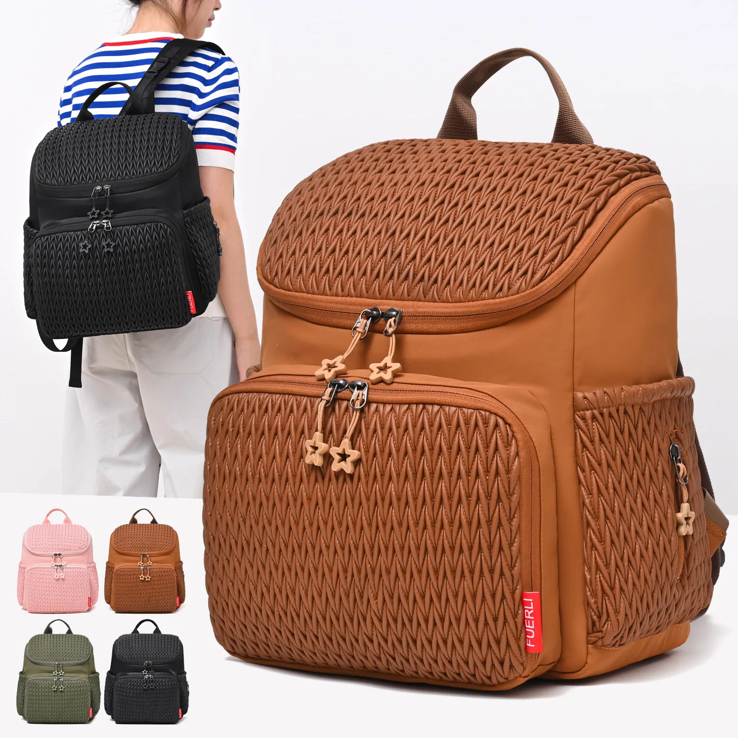 Women Woven Patchwork Backpack Multi Pocket Large Capacity Casual Travel School Rucksack Star Zipper Daypack