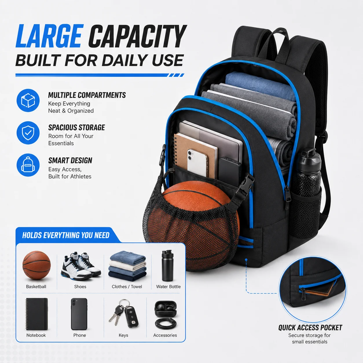 Basketball Backpack Large Sports Bag with Separate Ball Holder Shoes Compartment Fit for Soccer, Volleyball, Swim, Gym, Travel