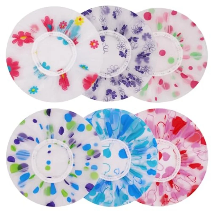 Pack of 6 Shower Caps for Women, Waterproof and Reusable Bath Cap, 28cm Width with Elastic Band, for Women Spa, Home Use, Hotel