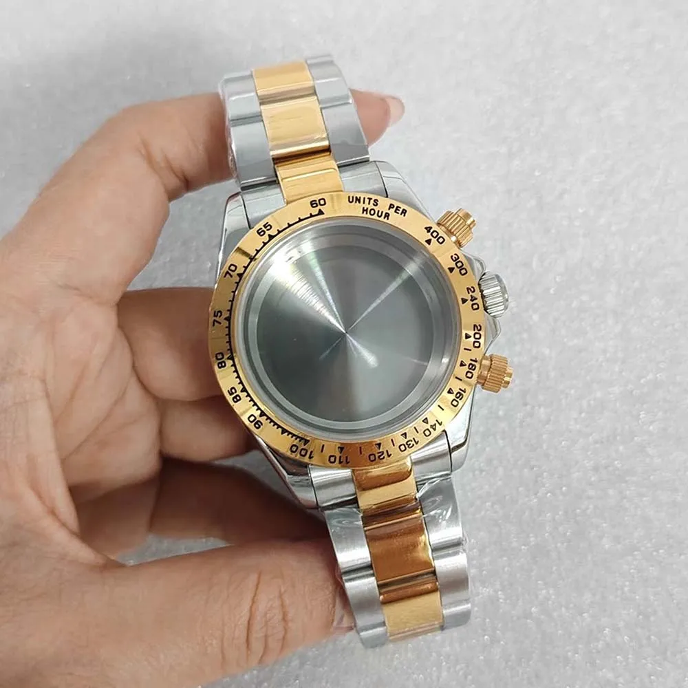 Cassa per orologio da 39 mm + cinturino per orologio per movimento al quarzo VK63 Set di cinturini per orologi con cassa in oro argento con fondo solido in acciaio inossidabile 316L