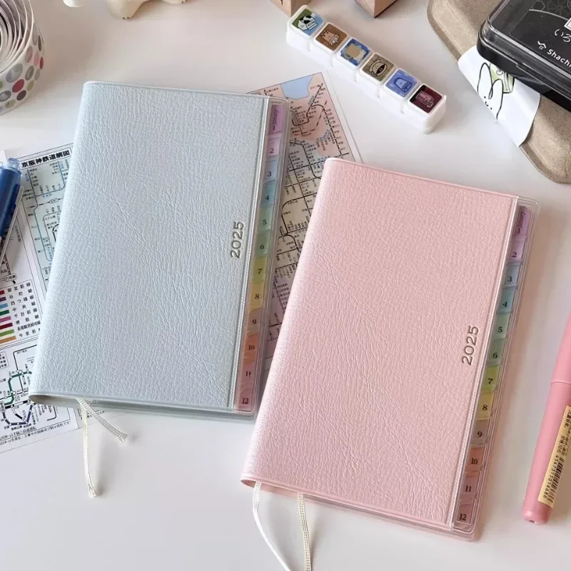 2025 Portable Planner Memo Leather Schedule Notebook Colorful Index Diary Notebook Monthly Weekly Plan Notes for Students