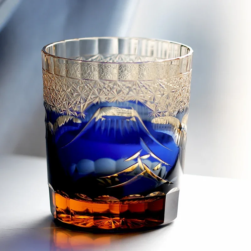 Japanese Edo Kiriko Fuji Mountain Hand Cut To Clear  Whiskey Glass Blue Green Black Red 9oz With Gift Box Free Shipping