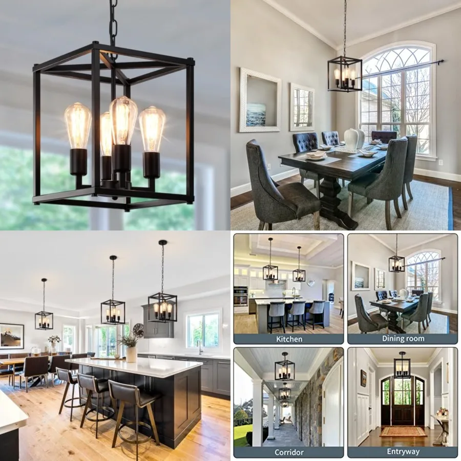 

Black Chandelier Dining Room Light Fixtures, 4-Light Farmhouse Chandelier Metal Cage Hanging Pendant Lighting Adjustable Height