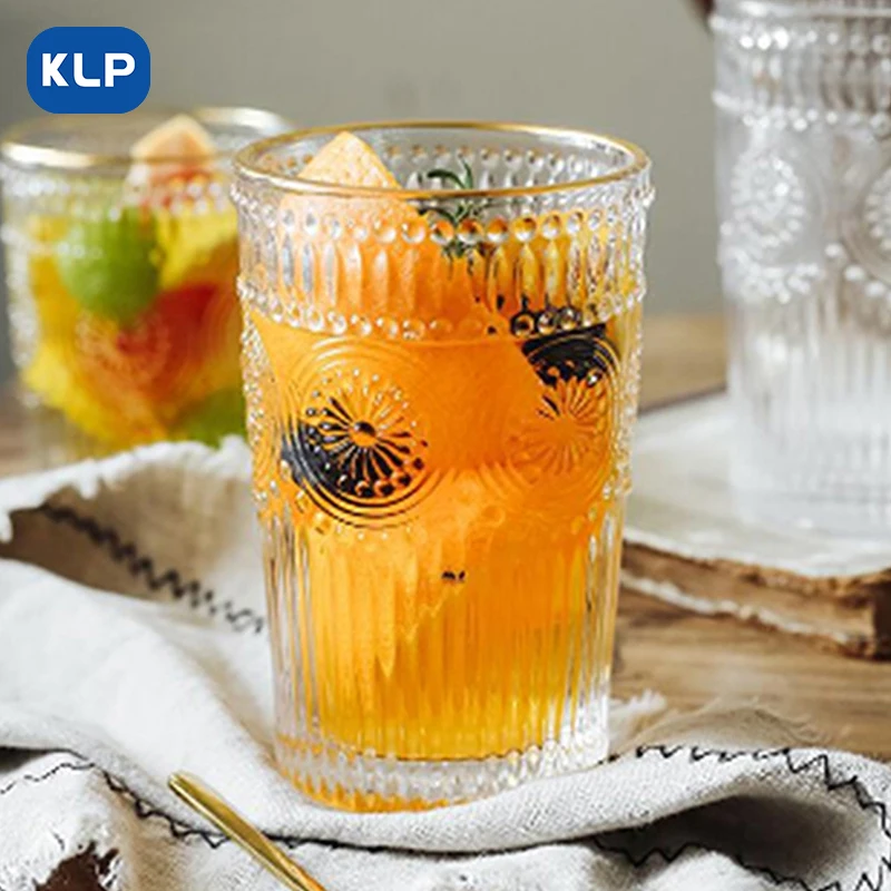 KLP 1pcs Vintage Embossed Glass Mug, Sunflower Coffee Mug, Clear Glass Mug, Family Breakfast Mug - High End, Capacity: 350ml