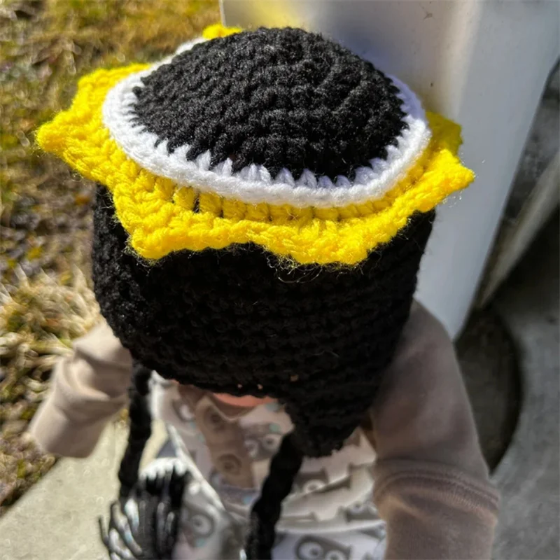 Handmade knitting Cute hat black and yellow Infant Solar Eolipse Hat sun and moon beanie Halloween costume Photography Props