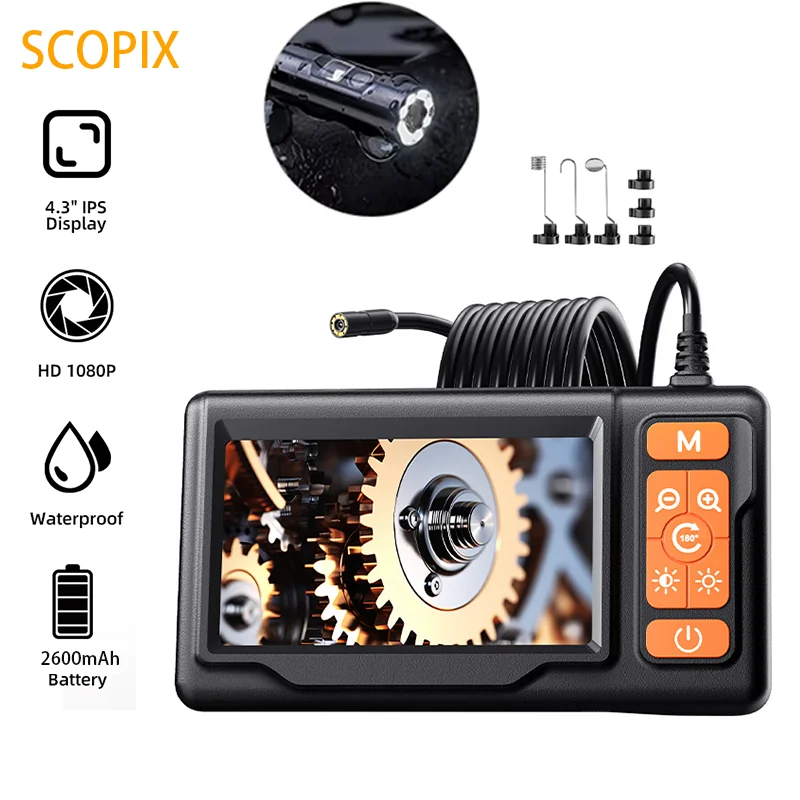 SCOPIX 2/5/10 m Single Lens  Endoscope Camera 1080P Semi-Rigid Snake Cable 2600mAh Battery Borescope for Pipeline or car repair