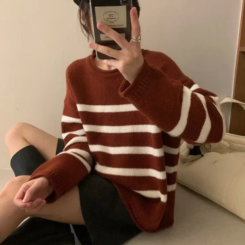 Korean Winter Stripe Sweater Women Streetwear Loose Pullover Jumper Tops Harajuku Female Long Sleeve Knit Sweaters Y2k Clothing