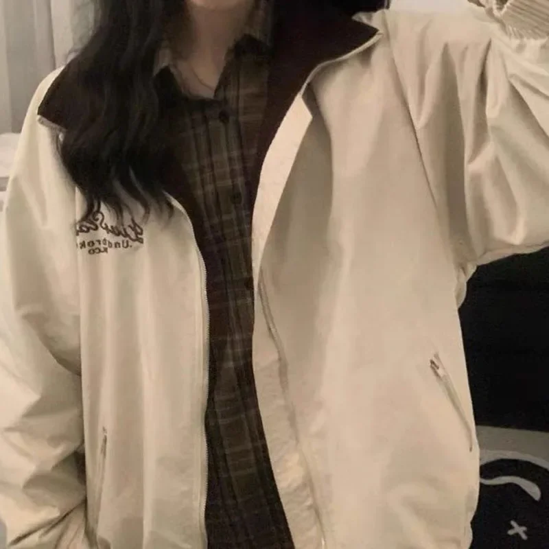 American retro cardigan jacket female 2024 autumn design feeling lazy wind baseball uniform loose casual niche couple jacket top