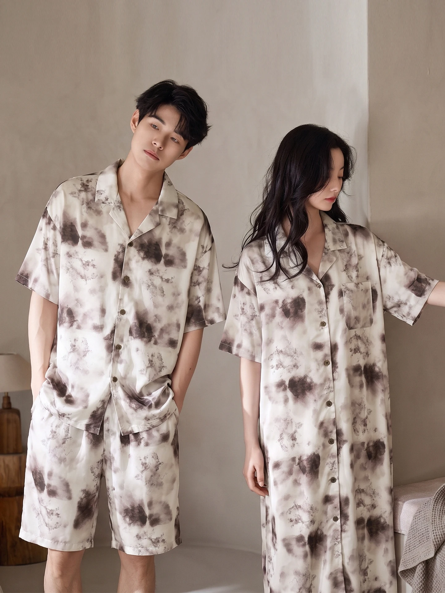 xuan-zhi-ting-ice-silk-short-sleeve-couples-sleepwear-loose-thin-home-clothes-set-for-summer-men's-pyjama-women's-nightgown