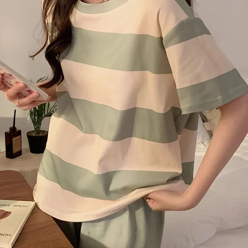 Women Pajamas Shorts Striped Round Neck Student Homewear Two-Piece Set of Pullover Short-Sleeved Shorts Small Fresh Ladies Pajam