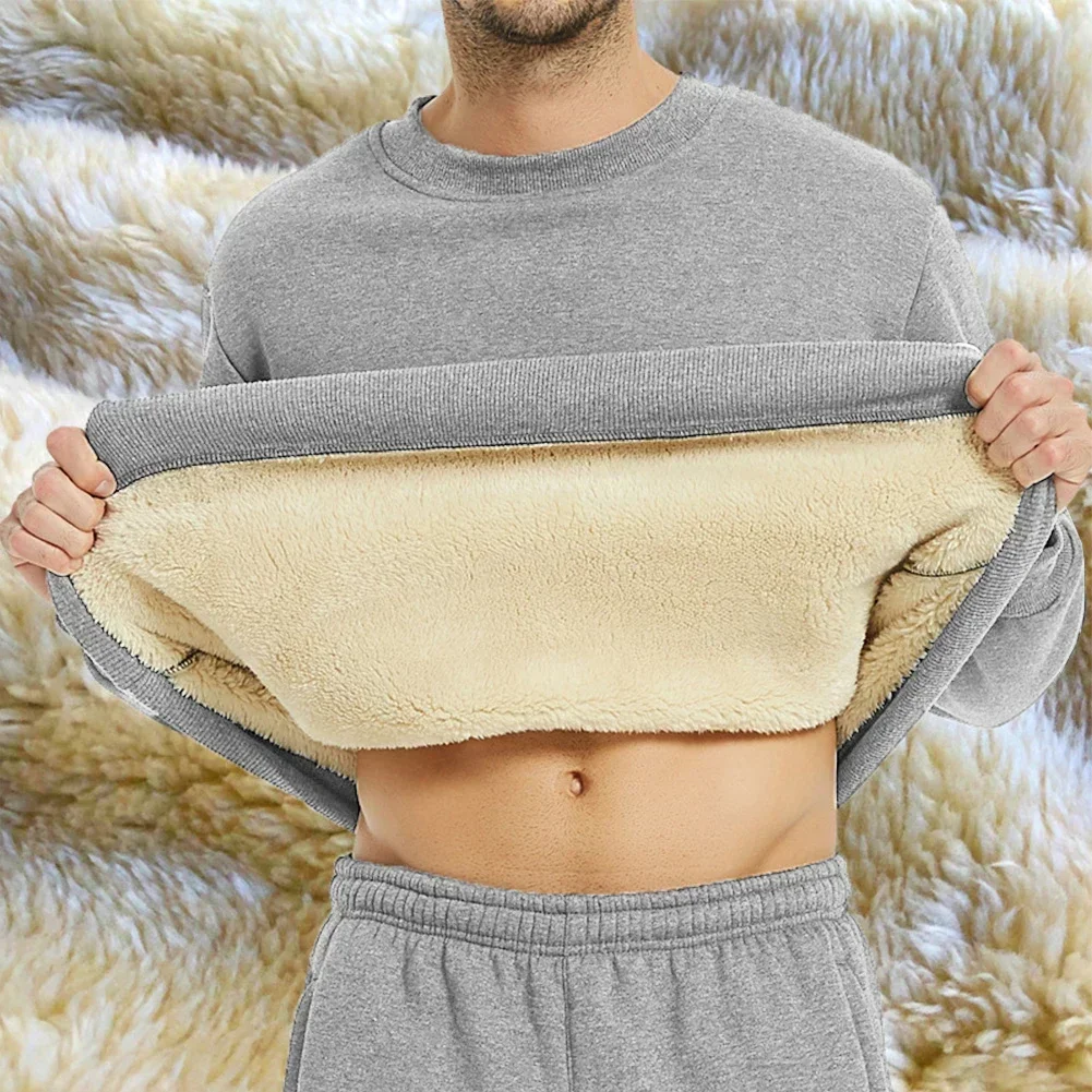 Winter Man Warm Fleece Lined T Shirt Thick O Neck Solid Color Basic Pullover Sweatshirt Thermal Underwear Tops Clothing For Men