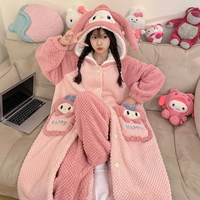 Sanrios أنيمي الشتاء Homewear Kuromi المرأة ثوب النوم مجموعة سميكة المرجان المخملية طويلة الأكمام الدافئة مقنعين منامة Kawaii الكرتون #6