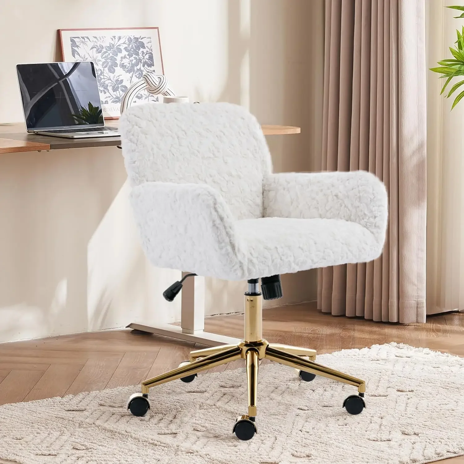 HMFULE Artificial Rabbit Hair Home Office Chair with Golden Metal Base Adjustable Desk Chair with Wheels Computer Vanity Chair f