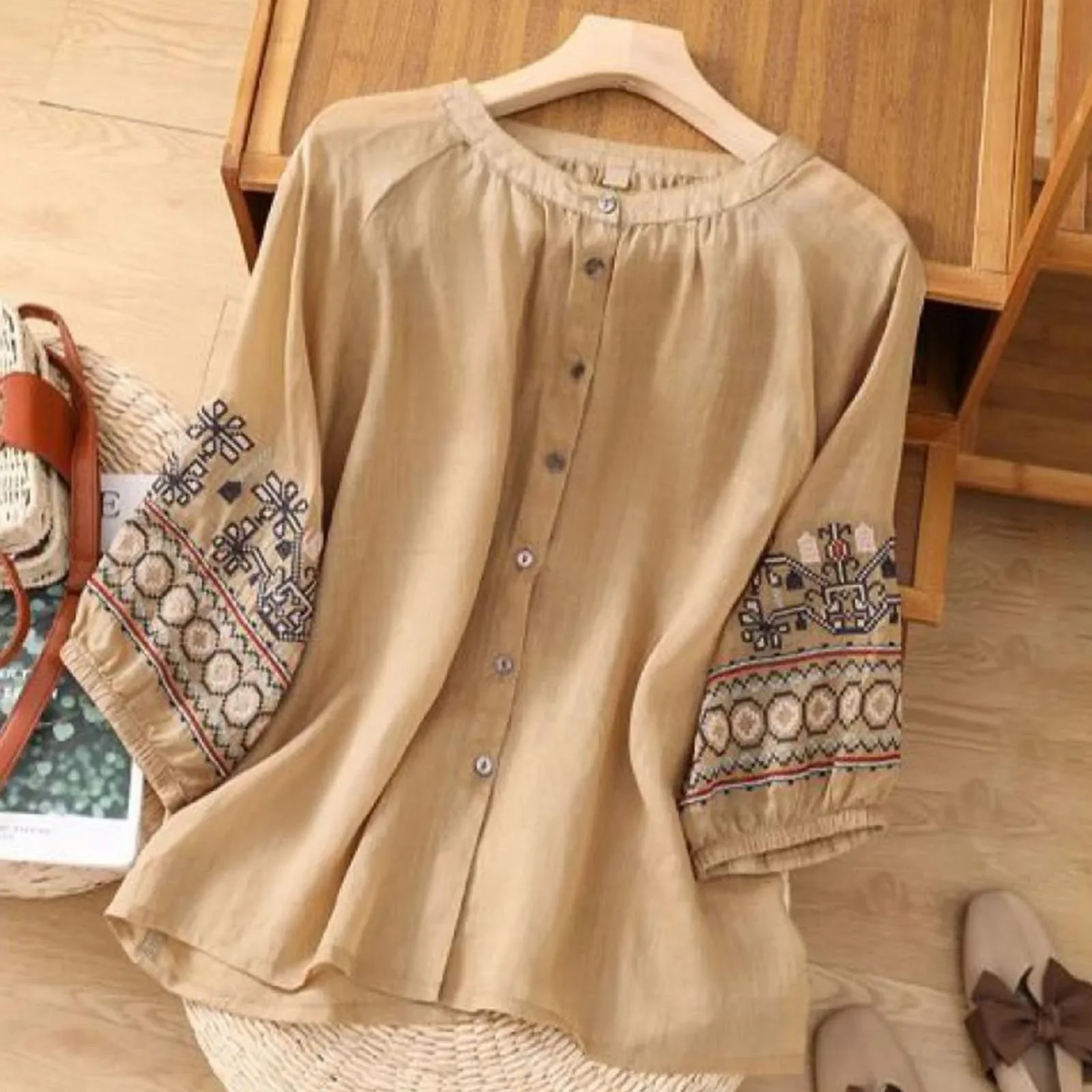 2025 Women's Boho Embroidered Shirts & Blouses Vintage Cotton Linen Tops Blusas Long Sleeve Single-Breasted Blouse Top Camisas