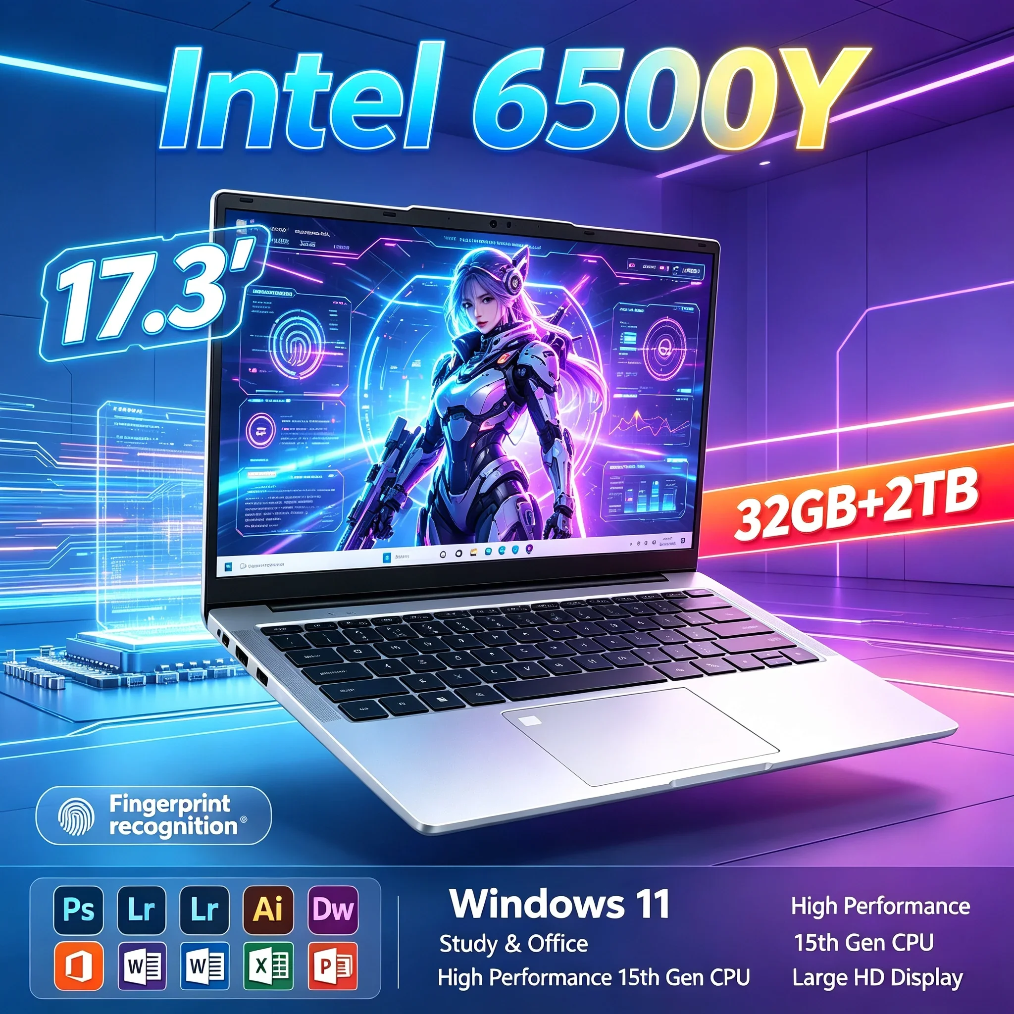 17.3'' Inch Portable HD Laptop Intel 6500Y 32GB RAM 1TB 2TB SSD Windows11 BT5.2 WiFi6 Notebook PC For Home Study Office Business