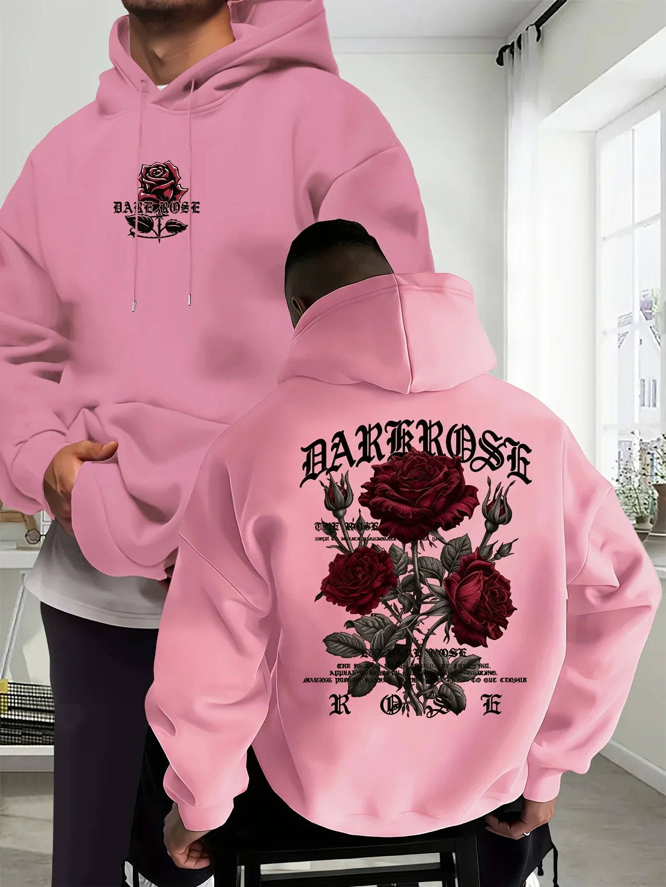 Men Dark Aesthetic Street Hoodie Dark Rose Burgundy Floral Gothic Letter Dual‑Side Print Pullover Autumn Winter Fleece Lined