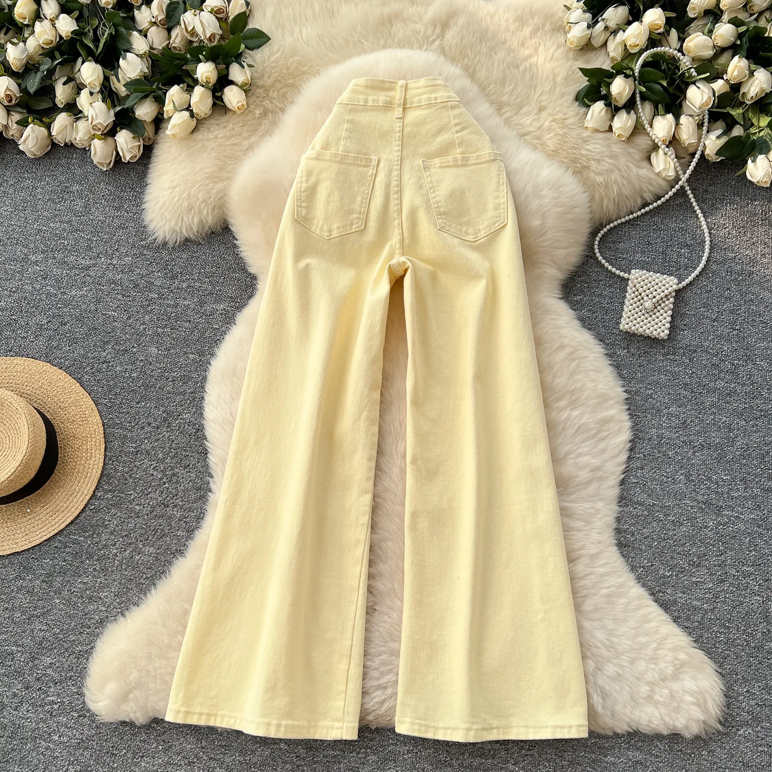 Pale Yellow Women's Jeans 2026 Autumn High Waist Slim-looking Wide Leg Pants Personalized Solid Color Loose Long Trousers