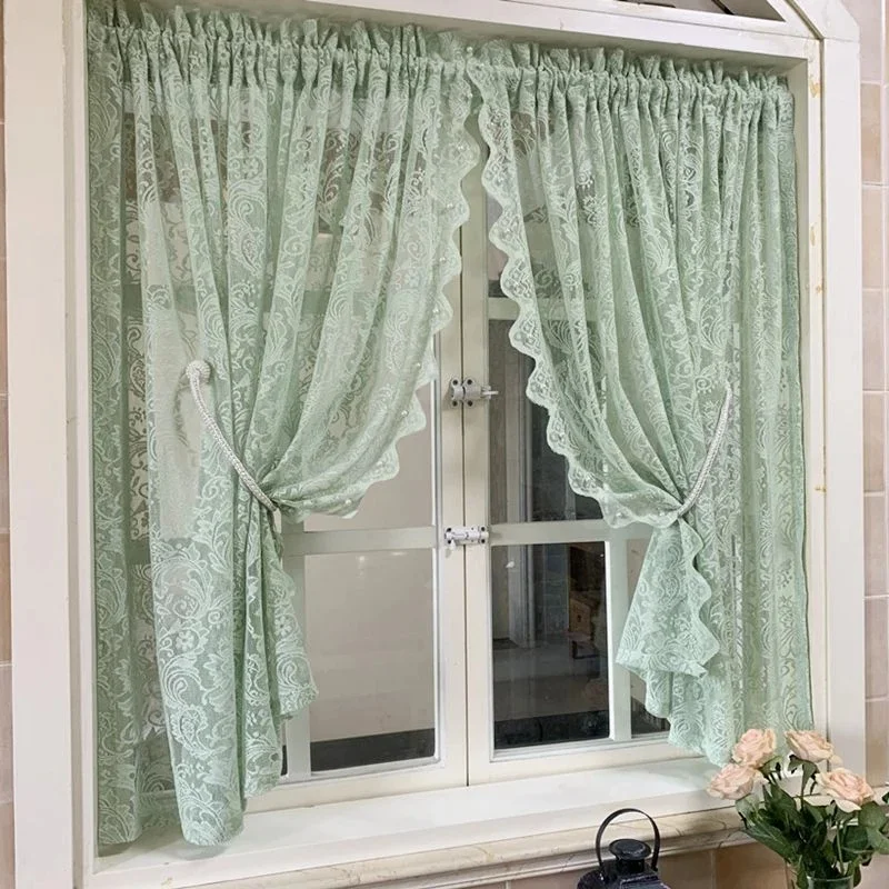 2PCs Set Green Luxury Beaded Lace Short Curtain for Kitchen Small Window Light Filtering Window Half Curtain Rod Pocket Drapes