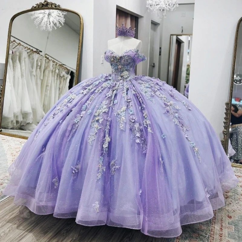 

Lavender Shiny Quinceanera Dress Ball Gown Off The Shoulder Lace Applique Beading Tull Mexico Corset Sweet 16 Vestidos De 15Anos