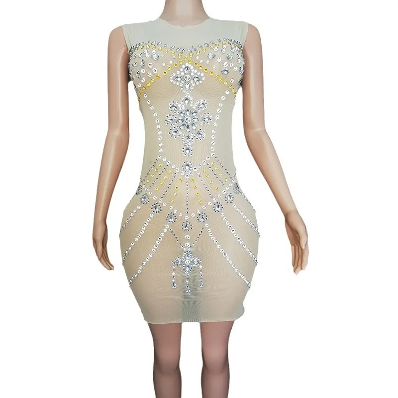 Nieuwe Mesh Diamond Ingelegd Perspectief Ritssluiting Slim Fit Korte Rok Vakantie Feestavond Jurk Zangeres Sexy Podium Outfit