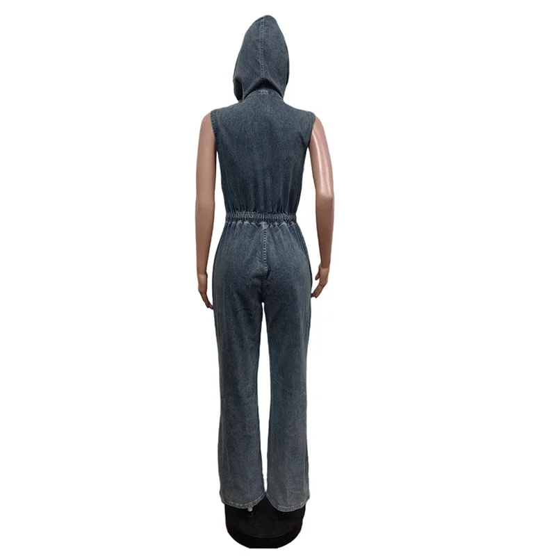 Vintage Multi-pocket Patchwork Hooded Denim Jumpsuit Women Zipper Half-open One-piece Pants Female Casual Straight Jeans Rompers