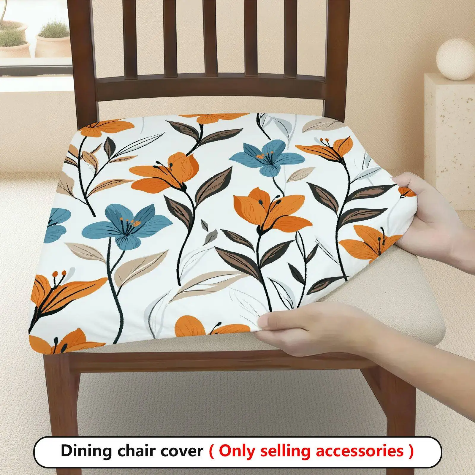 2/4/6pcs Chair Seat Slipcover,Orange Blue Floral Print Elastic Chair Cover for Dining Room