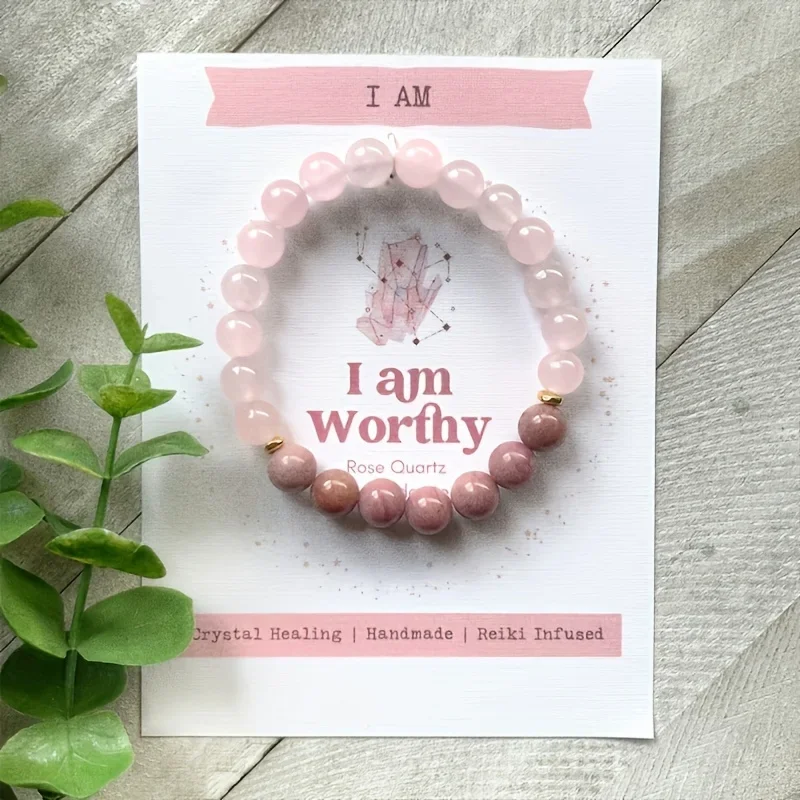 1pc/I Deserve Self-Acceptance Bracelet Boho Handmade Gift Rose Quartz and Rhodonite Stress Relief and Healing Jewelry Gift