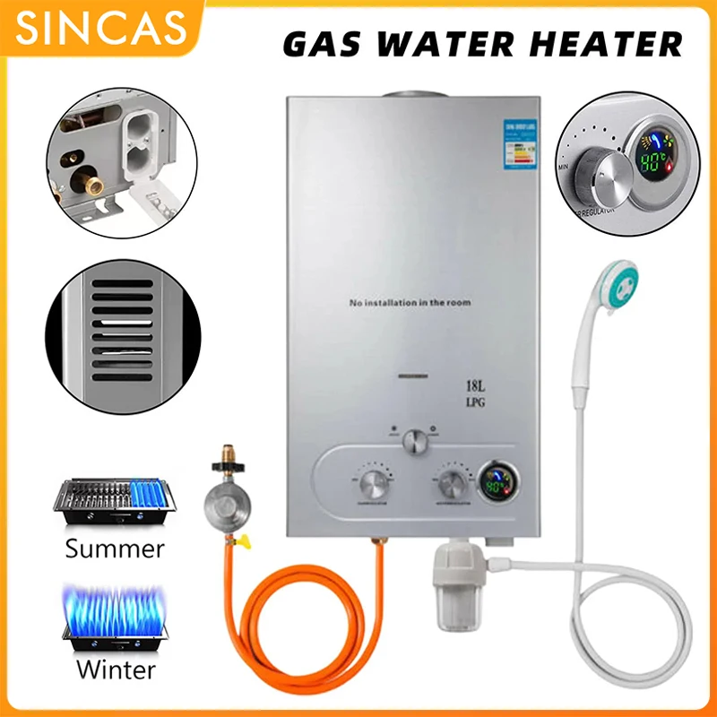 Calefator de água tankless imediato do gás do propano, calefator de água quente doméstico, 8L, 10 L, 12 L, 16 L, 18L, LPG, gás natural