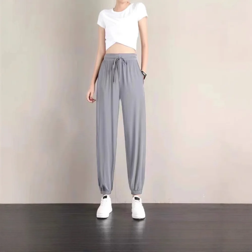 Ladies Ice Silk Joggers Loose Summer Casual Pants Lantern Trousers Breathable Lightweight Fashion Wide Leg Sporty Wear
